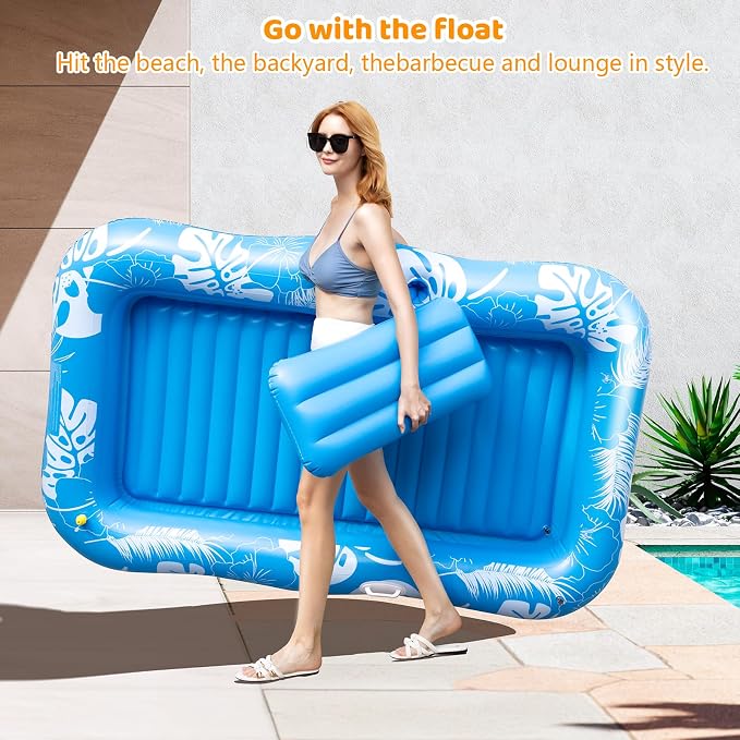 Inflatable Tanning Pool Lounger Float with Sprinkler, 77" x 48" Pool Floats Adult with Pillow, 6 in 1 Suntan Tub Raft Floatie with Drink Holder Sunbathing Water Lounge