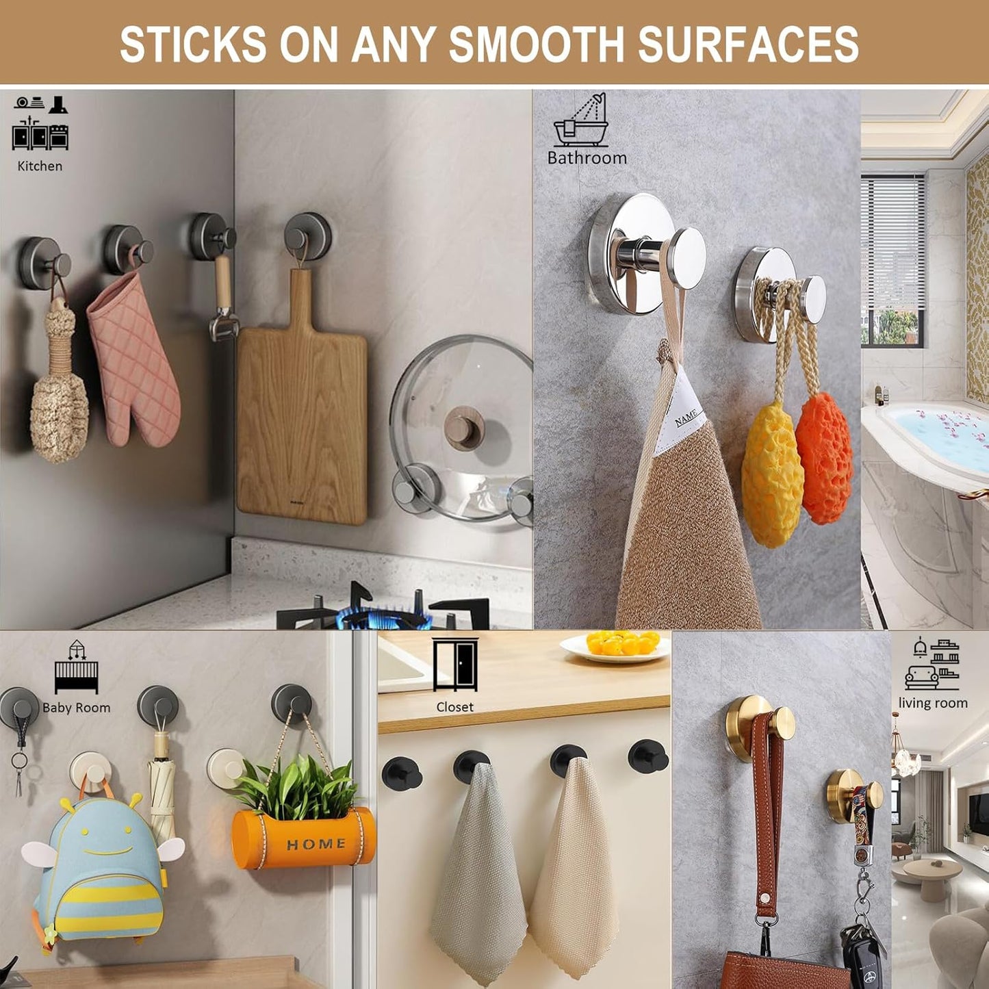 ZESLMG Suction Cup Hooks for Shower Wall, Door Wreaths, Removable Inside Shower Towel Hooks for Bathroom Window Glass Kitchen- Bath Robe Loofah Suction Hooks for Hanging More Surfaces (Gold, 4 Pack)