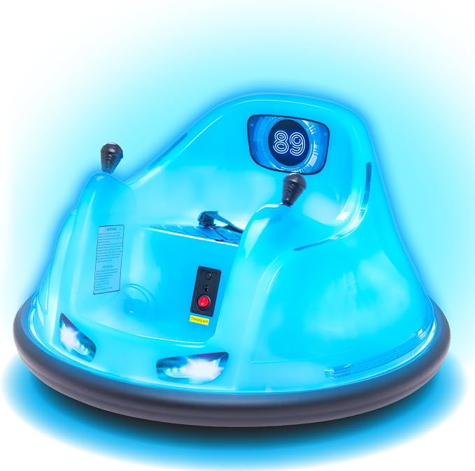 Flybar 6V Blue Glow Bumper Car for Kids – LED Ride-On Toy with 360° Spin, Rechargeable Battery, and Soft Rubber Bumpers – Safe Indoor Fun for Toddlers Ages 1.5+, Up to 66 lbs