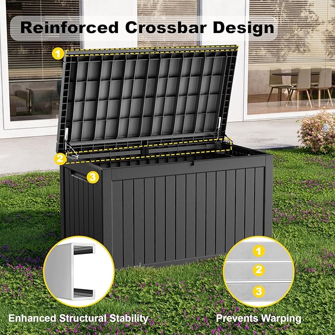 280 Gallon Waterproof Outdoor Storage Box, UV Resistant Resin Deck Box with Hydraulic Rod for Reinforced Stability, Perfect for Patio, Garden, and Pool（Black，280 Gallon）