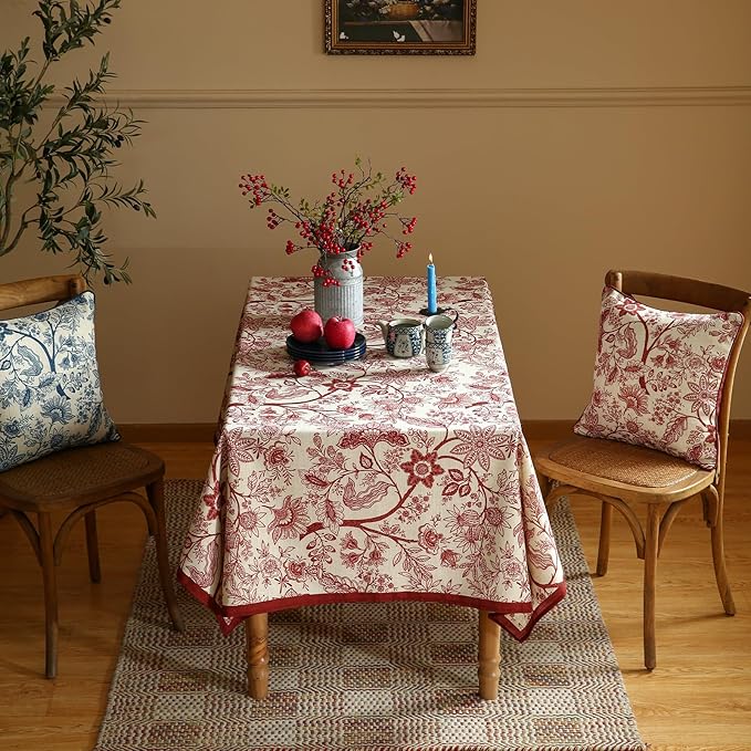 ISAENNE Designer French Linen Table Cloth for Rectangle Table,Red Floral Washable Indoor Tablecloth,Durable Home Decor Tablecloths for Dining Thanksgiving Kitchen Party Christmas,55"*79"-Ruyi A