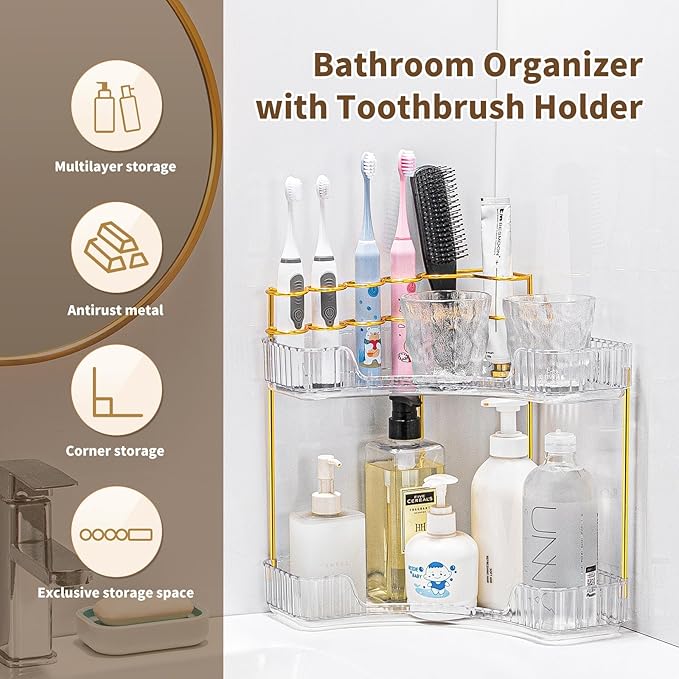 NATURE'S SOURCE Makeup Organizer for Vanity, 2-Tier Corner Bathroom Organizer Countertop with Makeup Brush Holder, Corner Counter Storage for Bathroom Dresser-Clear