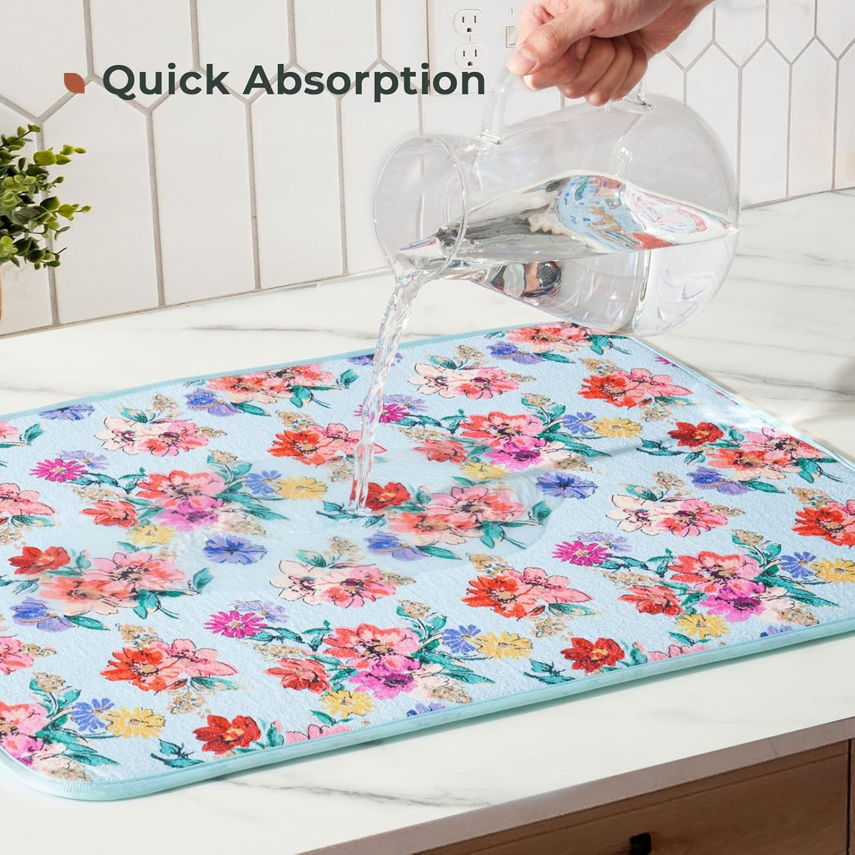 FRESHMINT Printed Dish Drying Mats for Kitchen Counter 2 Pack Absorbent Reversible Drying Mats Microfiber Kitchen Countertop Protector Dishes Drying Pad Extra Large 18"x24" Dish Mat