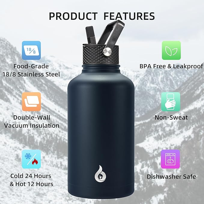 BJPKPK Half Gallon Insulated Water Bottles with Straw Lid, 64oz Large Water Jug, Stainless Steel Bottles with 3 Lids and Paracord Handle, Thermo for Hot & Cold Liquid, Navy Blue