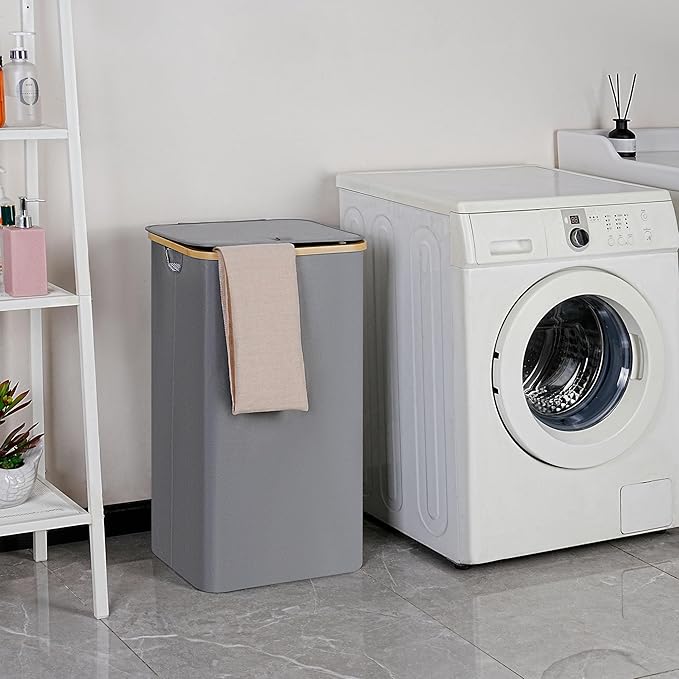 efluky Laundry Basket with Lid and Removable Bag, 100L Tall Laundry Hamper with Bamboo Handles, Aesthetic Dirty Clothes Bin for Laundry Room, Bathroom, Bedroom and Dorm, Silver Grey