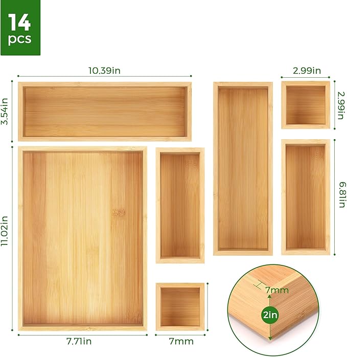Bamboo Drawer Organizer Set, 14 PCS Multi-Use Individual Wood Storage Organizers, Junk Drawer Divider and Storage Trays Containers for Kitchen, Bathroom, Office Desk, Makeup, Jewelry, Utensils