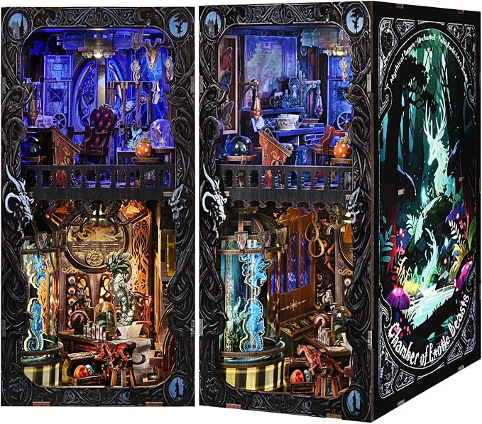 Book Nook DIY Kit,Mysterious Creature Diorama 3D Wooden Puzzle with LED,Bookend Bookshelf Decoration,Miniature Doll House for Home Decor,Chamber of Stranger Beasts