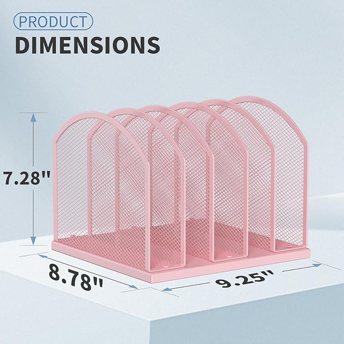 5-Section Vertical Desktop Organizer, 5-Section Mesh File Folder Stand Sorter for Office Home Classroom Organization (1, Pink)