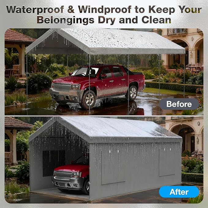 2 Pack Carport Canopy Replacement Sidewalls with Roll-up Windows, 2 Pack Zipper Doors for 12x20FT, Waterproof & UV Protected, Easy Assembly with Ball Bungees, Grey (Frame and Top Cover Not Included)