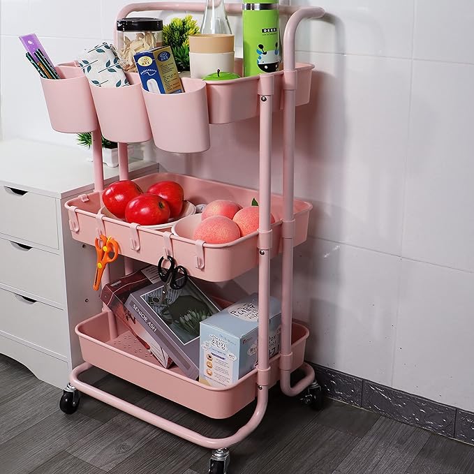 3 Tier Utility Rolling Cart Multifunction Organizer Shelf Storage Cart with 3 Pieces Cups and 8 Pieces Hooks for Home Kitchen Bathroom Laundry Room Office Store etc. (Pink)