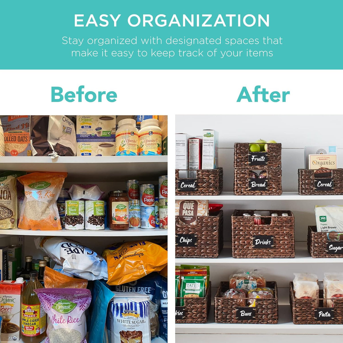 Best Choice Products Pantry Baskets Set of 2 16x12in Water Hyacinth Storage Baskets, Woven Wicker Organizers with handles w/Chalkboard Label Chalk Marker - Brown