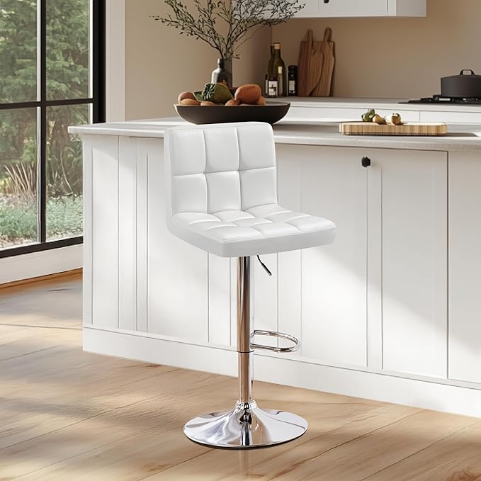 Yaheetech Single Bar Stool, PU Leather Adjustable Swivel Barstools, Armless Hydraulic Kitchen Counter Bar Stool, Kitchen Island Chairs, White