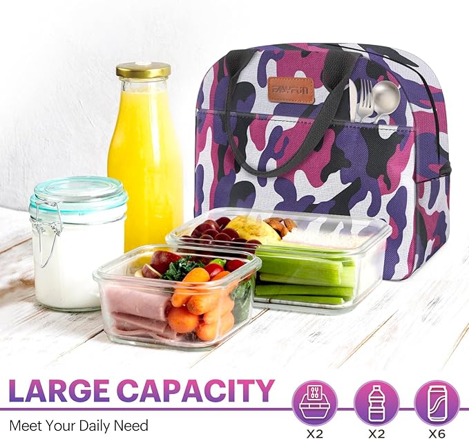 Lunch Bag for Women & Men Adult Insulated Lunch Box, Small Leakproof Cooler Food Lunch Containers Reusable High Capacity Lunch Tote Bags for Work, Travel, Outdoor (Purple Camo)