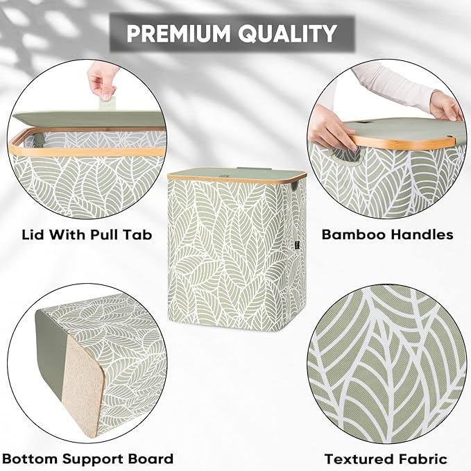 BALEINE Laundry Hamper with Lid, Tall Laundry Baskets with Bamboo Pull Handles, Large Laundry Bin with Internal Support (36 Gal/140L, Antique Foliage)