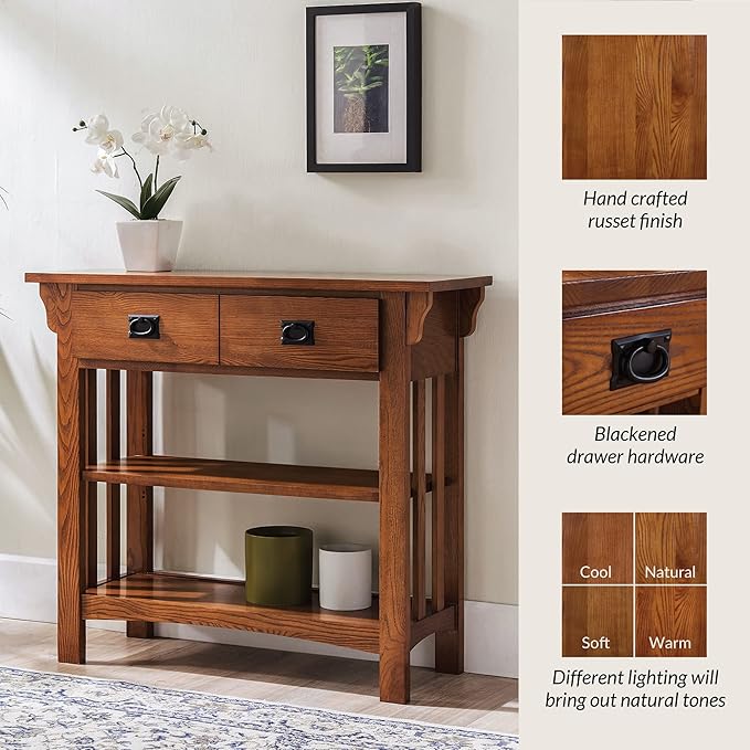 Leick Home Mission Impeccable Bookshelf, Solid Wood, 2 Drawers, 2 Shelves, Slatted Sides, Blackened Hardware, Easy Assembly, Russet Brown, 12 in D x 34 in W x 30 in H, Item 8261