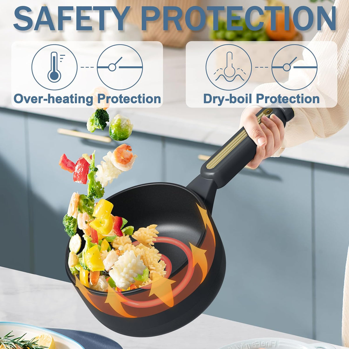 TOPWIT Hot Pot Electric, 2L Electric Pot, Non-Stick Sauté Pan, Portable Cooker for Steak, Egg, Fried Rice, Ramen, Soup with Dual Power Control (Silicone Spatula Included), Grey