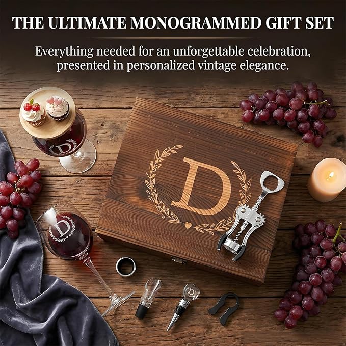 GZLDGIFTS Personalized Initial Wine Glasses Box Gift Set For Women Mom Engraved Birthday Monogrammed Wooden Christmas Gifts Wedding Anniversary Wine Couples Stopper Opener Initial Letterr (A Set)