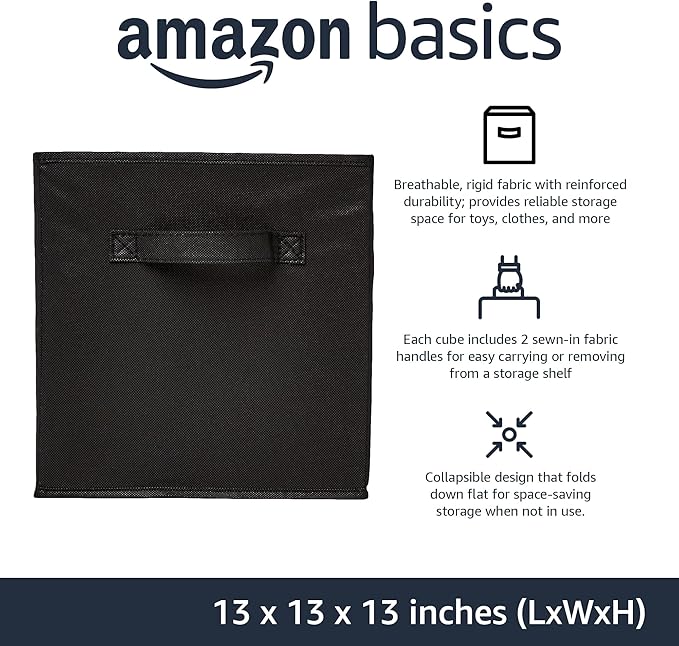 Amazon Basics Collapsible Fabric Storage Cube Bins Organizer with Handles, Sturdy, Black, 13-x-13-x-13-inch, Pack of 6