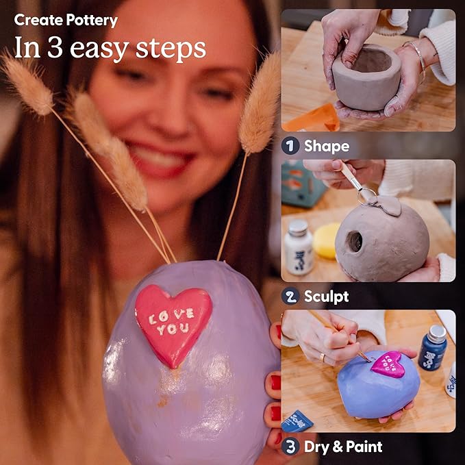 Sculpd - The Original Pottery Kit for Adults - Air Dry Clay for Adults, Tools, Varnish, Paints, Brushes, Couples Date Night Arts & Crafts Set, Gloss Varnish with Pastel Tones