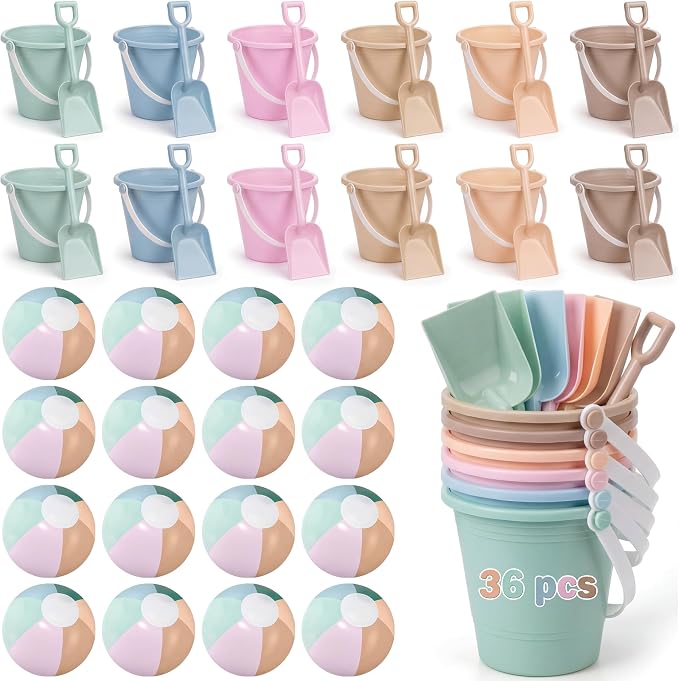Lunmon 36 Pcs Beach Toys for Kids 12 Set Sand Buckets Shovels Bulk Pastel Beach Balls Inflatable Sand Toys for Girls Boys Toddlers Games Birthday Summer Pool Party Favor (Morandi, Vivid)