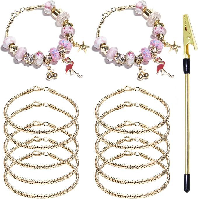 Exway 10 Pcs Snake Charm Bracelet Chain 7.5 Inch Gold Charm Bracelet Kit Snake Chain Bracelets Chain for Christmas DIY Women Jewelry Making Gifts