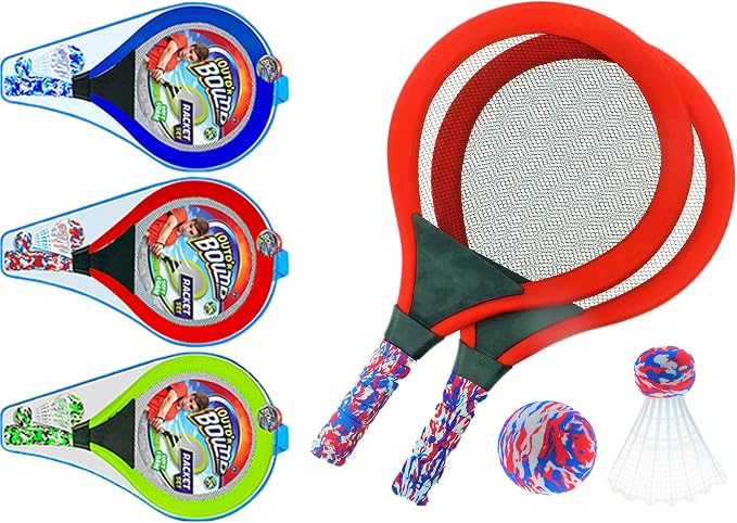 Badminton Set with 2 Rackets, Beach Ball and Birdie - Assorted Colors - Light Paddle Ball Tennis Racket Outdoor Games Beach Toy Set 5135