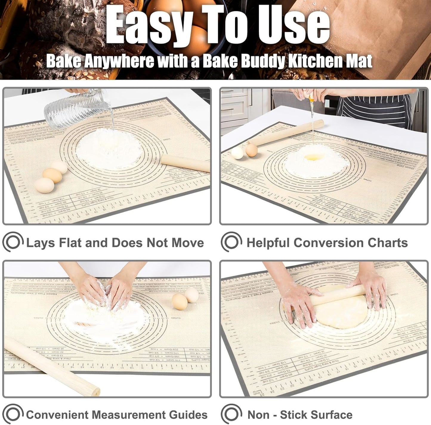 Silicone Pastry Mat 36''By 24'' Nonstick Baking Mats Extra Large Counter Mat for Dough Rolling, Pastry, Pie Crust, Fondant, Cookies, Bread, Pasta, Pizza Mat