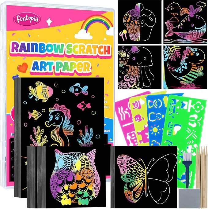 Scratch Art for Kids, Funtopia 100 Sheets Rainbow Scratch Paper, Black Scratch Off Paper Craft Kits, School Art Supplies Classroom Prizes Travel Toys Birthday Party Gifts, for Boys Girls ages 4-8 8-12