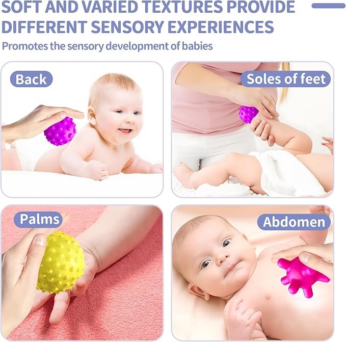 Sensory Balls, Montessori Toys with Baby Rattle 3-6 Months | 6 Multiple Textured Stress Balls with Blue Rattle, Bright Colors, Baby Teether Toys, Gift for Toddlers 1-3