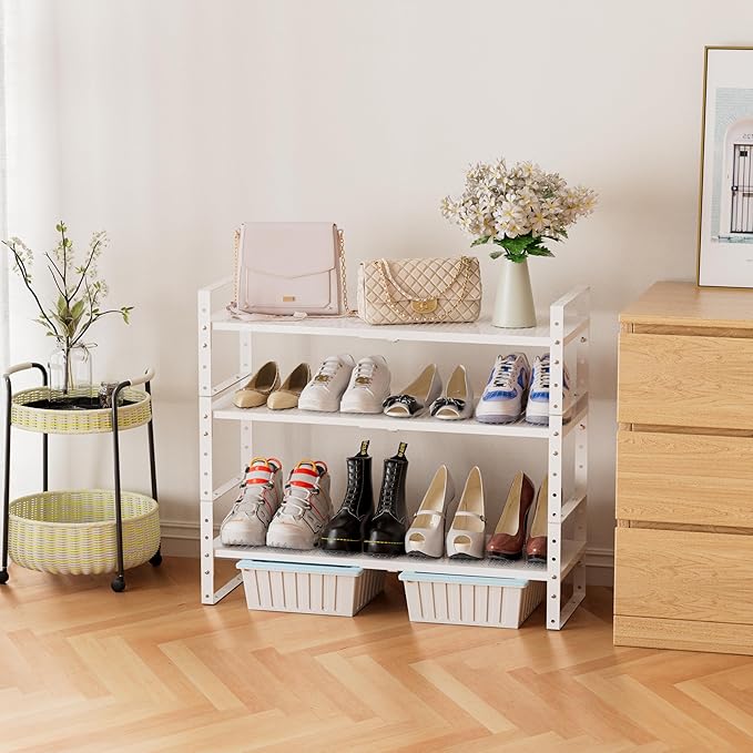 Expandable Stackable Aadjustable Shoe Rack Pantry Shelf for Kitchen Cabinets Counter Shelves Countertop Cupboard Storage Solution,Sturdy Heavy-Duty Metal Construction(1Pack/White/Large)