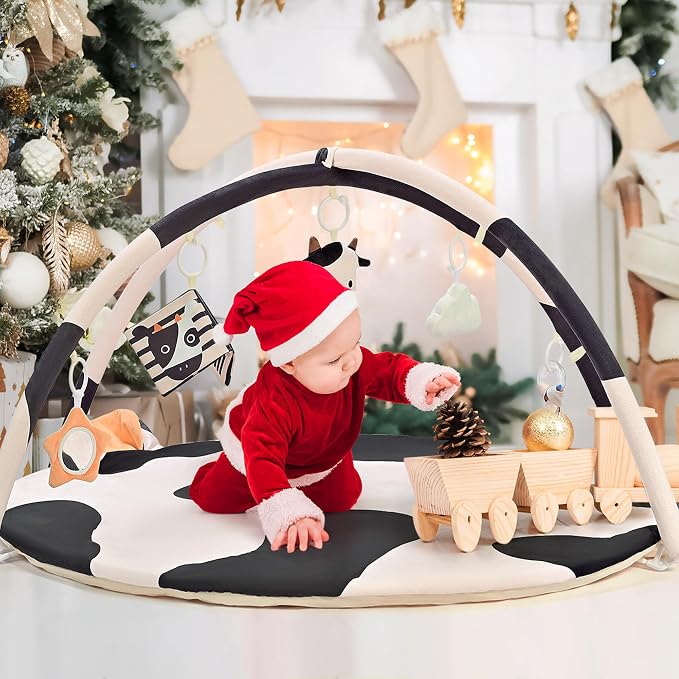 2PM SPORTS Cow Theme Baby Play Mat, Tummy Time Mat for Infant Newborn, Baby Play Gyms & Playmats for 0-3 3-6 6-12 Months, Activity Mat 5 Detachable Toys, Non Slip Gym Mat Easy to Install & Clean