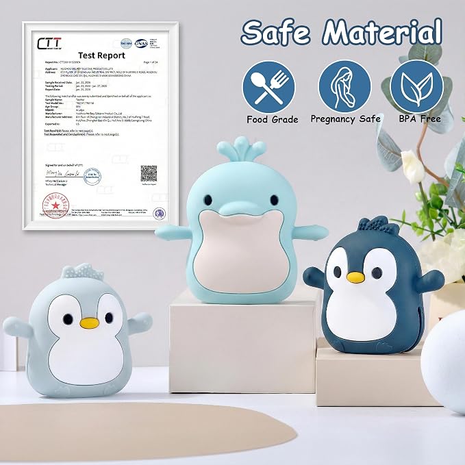 Baby Teething Toys for 3-6 Months Silicone Teething Mittens for Babies Food Grade Silicone Teether (Penguin Baby Blue)