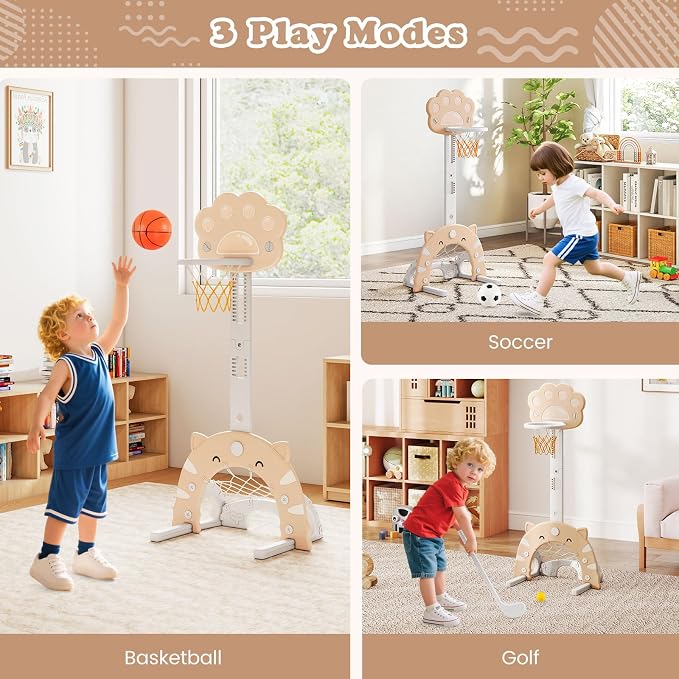Costzon 3 in 1 Toddler Basketball Hoop, Height Adjustable Kids Sports Center w/Foldable Basketball, Soccer & Golf Game, Indoor Outdoor Activity Playset w/Foldable Rim, Gift for Children Baby Infant