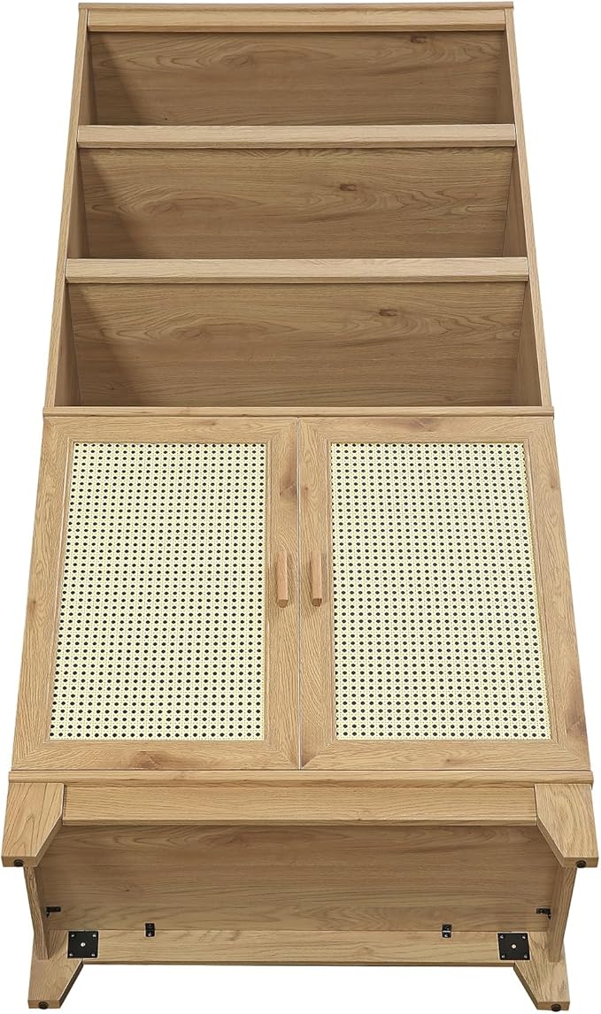 Manhattan Comfort Sheridan Modern Cane Bookcase with Adjustable Open Shelves, Soft Close Doors, and Concealed Compartments, Versatile 3 Tier Bookshelf Storage for Home and Office, Set of 2, Nature