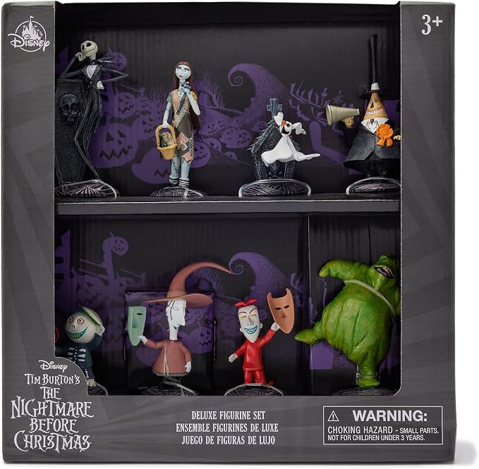 Disney Store Official The Nightmare Before Christmas Figure Set – 8 Fully Sculpted Disney Figures Including Jack Skellington, Sally, Zero & More in Double-Tiered Box with Scenic Backgrounds