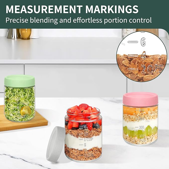 4-Pack 16oz Overnight Oats Containers with Airtight Lids - Glass Mason Jars with Measurement Marks for Yogurt, Meal Prep & Chia Pudding, Stackable & Leakproof