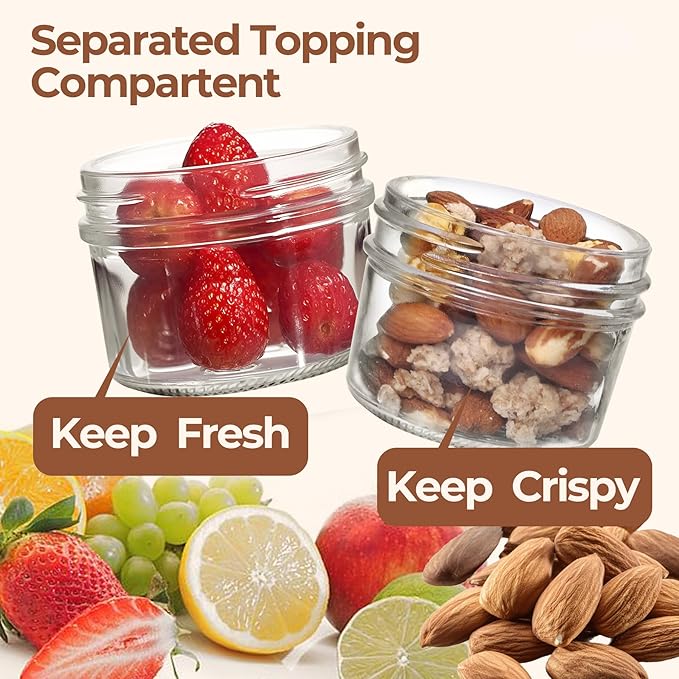 ComSaf Overnight Oats Containers with Lids (16oz+4oz, 2Pcs), Dual-Laryer Chia Pudding Jars with Dry and Wet Separation, Yogurt Parfait Cups for Oatmeal Cereal Nut Fruit, Meal Prep Glass Jars for Salad