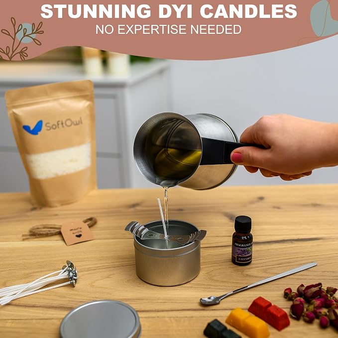 SoftOwl Premium Soy Candle Making Kit with Electric Melter - Soy Wax, Big 7oz Jars & Tins, 7 Pleasant Scents, Color Dyes & More - Perfect as Home Decorations - DIY Starter Scented Candles Making Kit