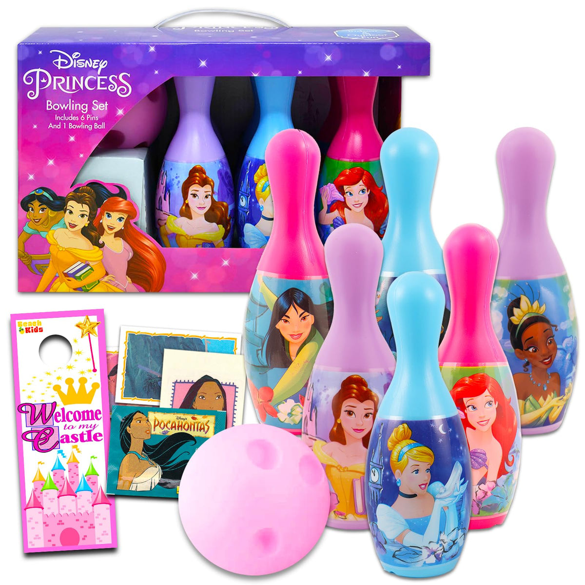 Disney Princess Bowling Set for Toddlers, Kids - 3 Pc Bundle with Princess Bowling Set Plus Stickers and More | Princess Playset