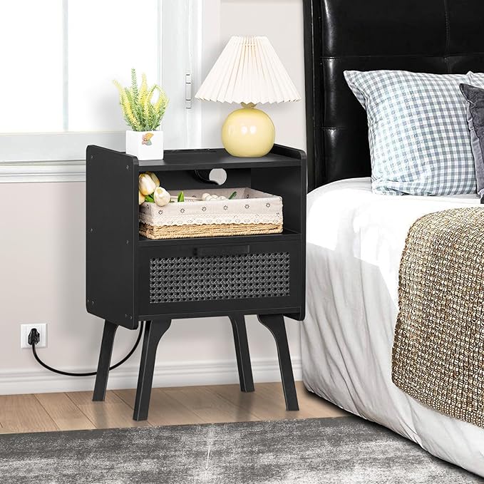 Lerliuo Rattan Nightstands Set of 2 with Charging Station, Boho Side Table with Drawer Open Shelf, Cane Accent Bedside End Table with Solid Wood Legs for Bedroom, Dorm and Small Spaces (Black)