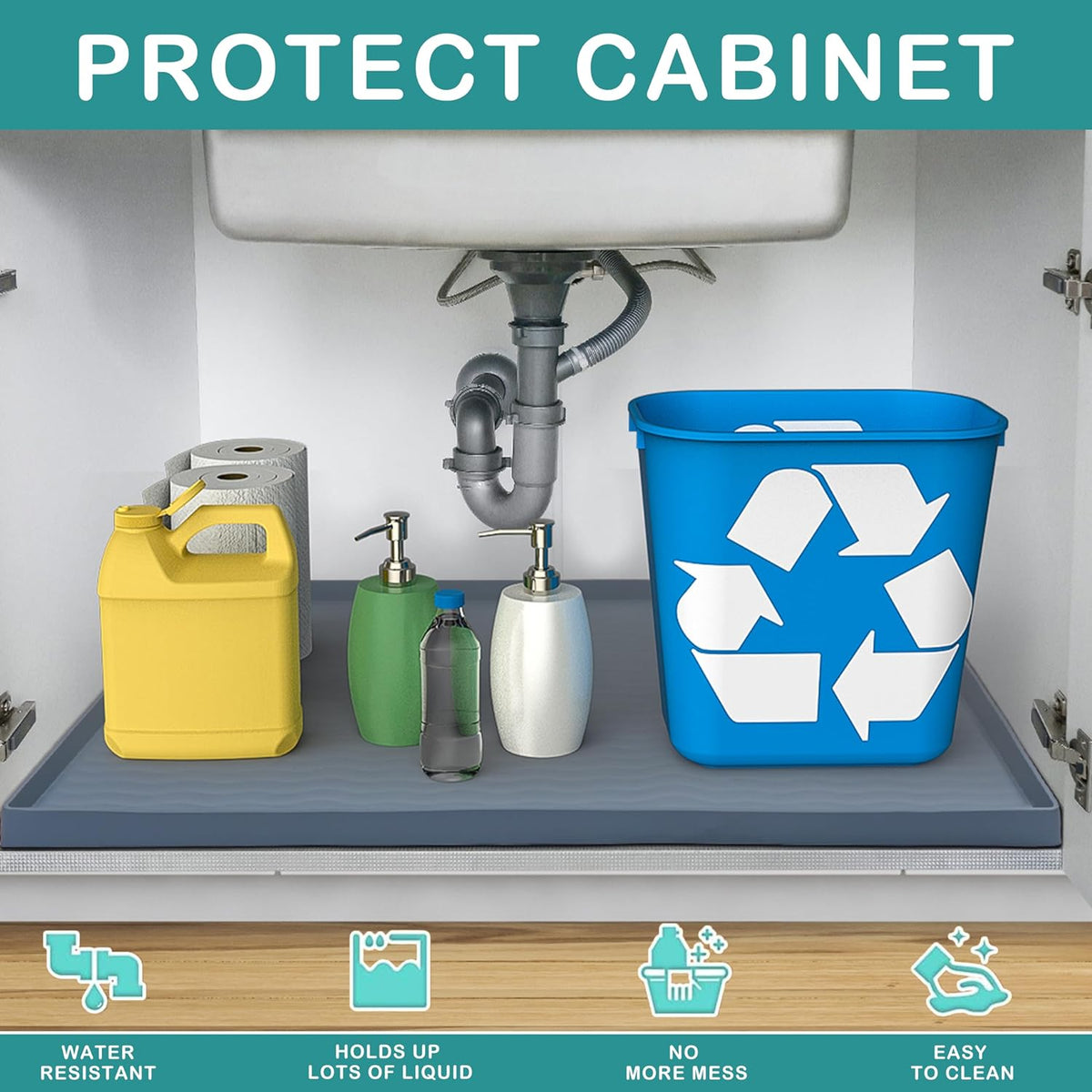 URMONA Waterproof Silicone Under Sink Mat 25'' x 19'' Shelf Liner for Kitchen and Bathroom, Cabinet and Counter Protector, Storage and Organizers, Litter Mat, Pet Cat Puppy Essentials(Light Grey)