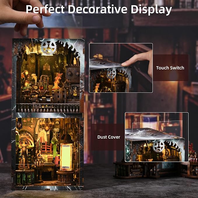 fifijoy Book Nook Kit - DIY Miniature House Dollhouse Kit for Adults and Teens, Steampunk Booknook Tiny House Bookshelf Decor 3D Wooden Puzzle (Mad Scientist Lab)