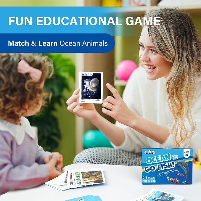 BenBen Go Fish Card Game for Kids, 104 Cards, Ocean Theme Memory Matching Game, Sea Animals Learning Playing Cards, Picture Cards with Real Photos, Fun Facts, 2-8 Players
