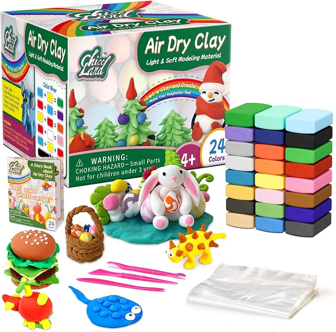 Chico Land 24 Colors Air Dry Clay, Gift for Boys & Girls Age 4+ Year Old, DIY Model Modeling Clay kit for Kids, with Sculpting Tools, Storage Bags, Kids Art Crafts