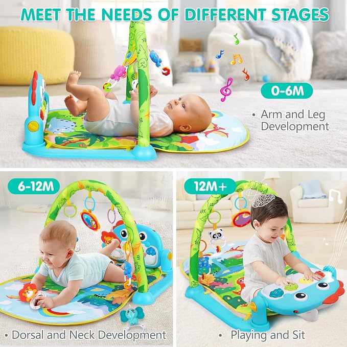UMIKU Baby Gym Play Mats Baby Tummy Time Mat Musical Activity Center for Newborn Infant Piano Babies Play Mat Music & Light Newborn Infant Gifts for Babies 0-3 6 9 12 Months Dinosaur Style