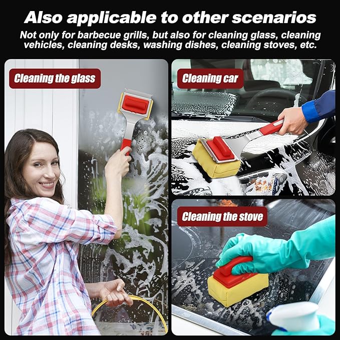 Steam Safe Grill Cleaning Brush Bristle Free for Outdoor Grill with 15" Extended Handle, 3X Thick Aramid Fabric Replaceable Brush Heads, Heavy Duty Triple-Groove Scraper Design for All Grates, Red