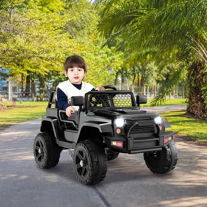 Costzon Ride on Car, 12V Battery Powered Truck Vehicle with Remote Control, Spring Suspension, Headlights, Music, Horn, MP3, USB & Aux Port, Gift for Boys Girls, Electric Car for Kids (Black)