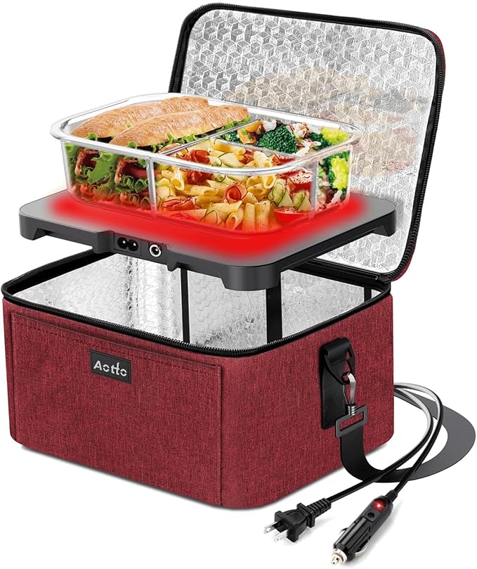 Aotto Portable Oven, Electric Lunch Box Food Heater - 12V/24V/110V 3-in-1 Car Food Warmer - Heated Lunch Box for Adults - Cook, Reheat & Keep Meals Warm for Car, Truck, Travel, Work, Home - Red