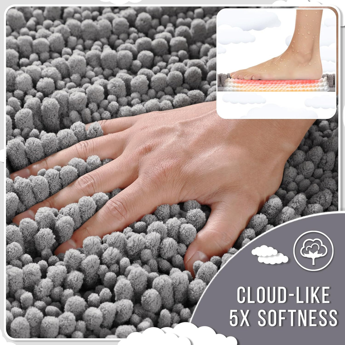 Yimobra Bathroom Runner Rug 70x24 Inch - Extra Long Non Slip Chenille Bath Mat, Soft & Absorbent, Machine Washable Shaggy Hallway Carpet for Vanity Tub Shower, Gray Home Decor Accessories