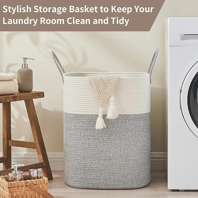 Laundry Basket with Handles - Blanket Basket & Hampers for Bedroom Aesthetic, Laundry Hamper & Blanket Storage for Living Room, Clothes Hamper, Tall, Large 17" x 14" x 24”, White & Grey
